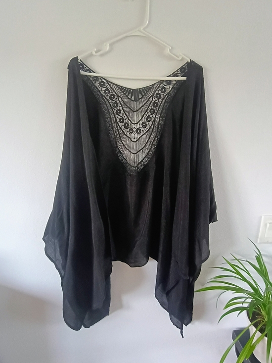 Lane Bryant Tops - Lane Bryant Black Crochet Lace Back Kimono Cover Up Boho Batwing One Size